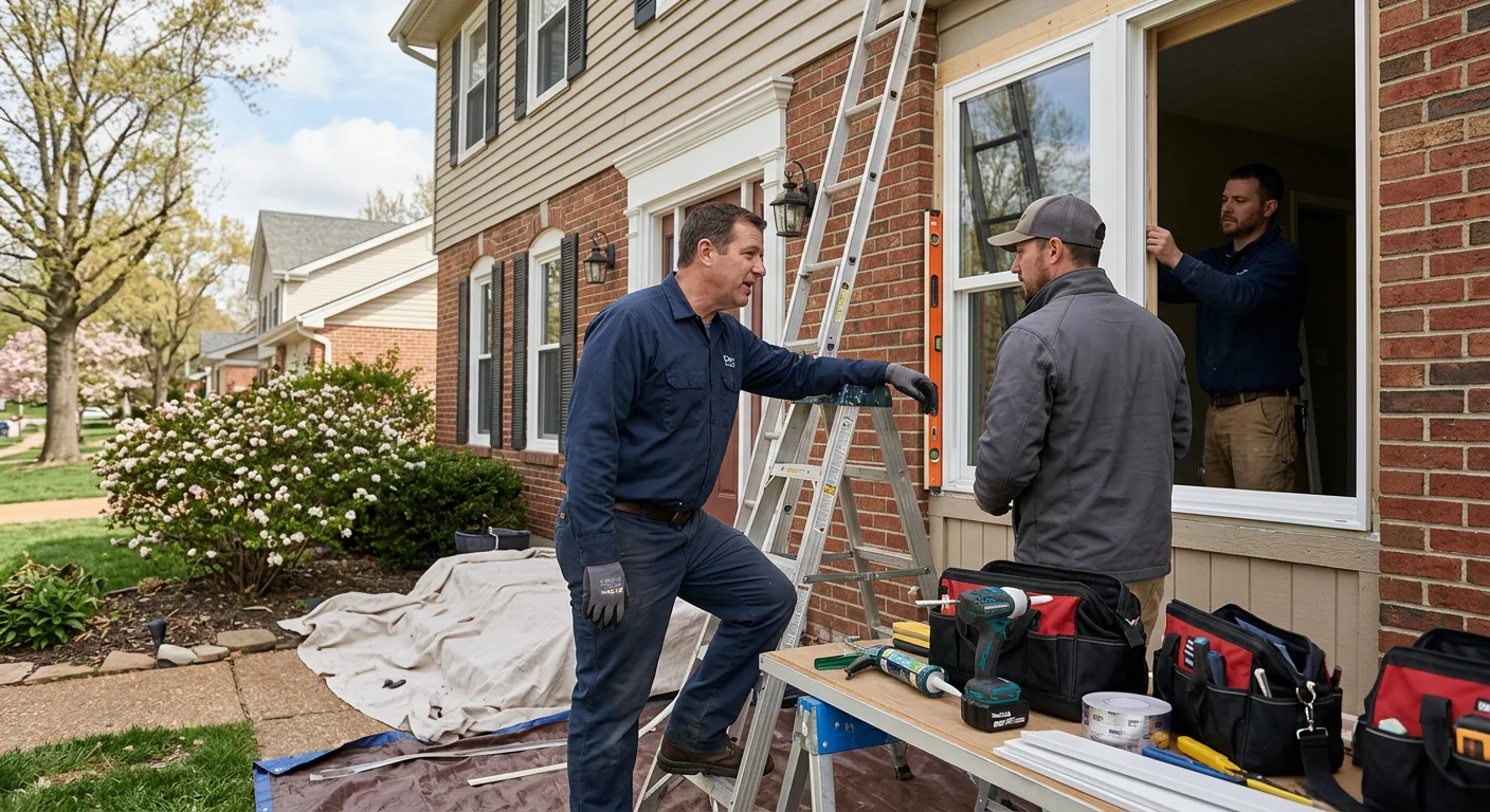 Installer setting a new double hung window in a Chesterfield home