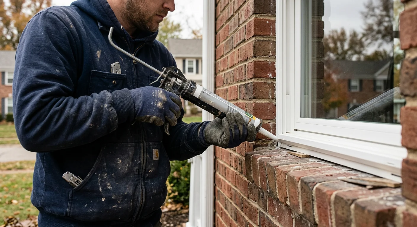 Homeowner inspecting a sticking double hung window sash for drafts