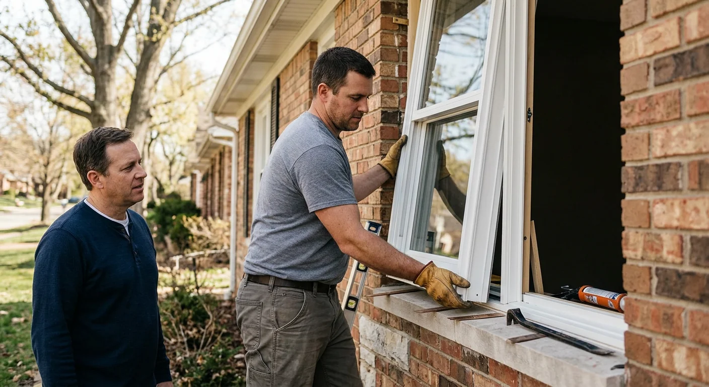 Installer setting a new double hung window in a Chesterfield home