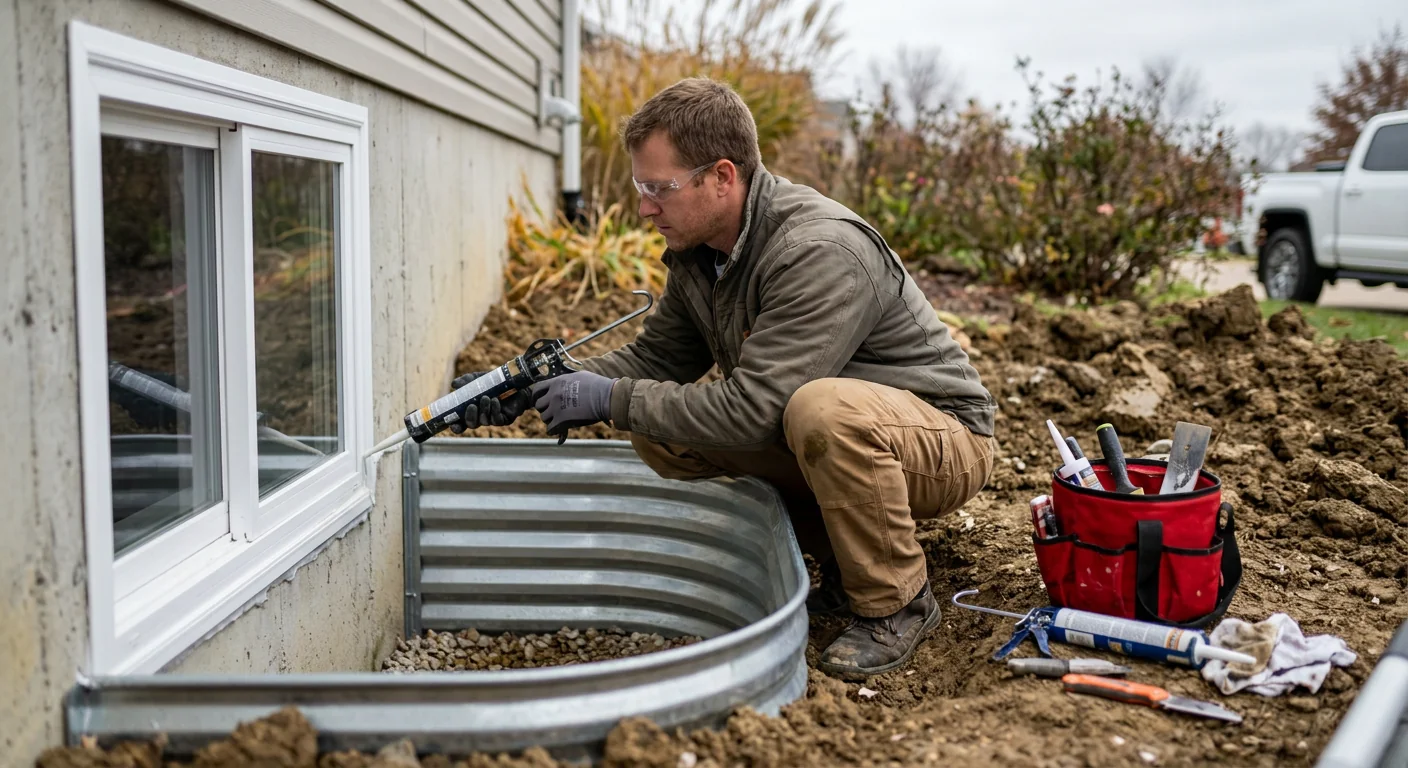 Installer sealing an egress window well during a Chesterfield basement upgrade