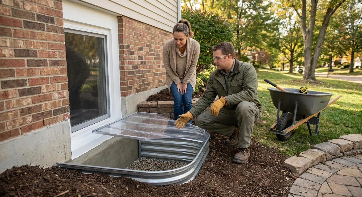 Finished egress window and drainage well after completed installation walkthrough