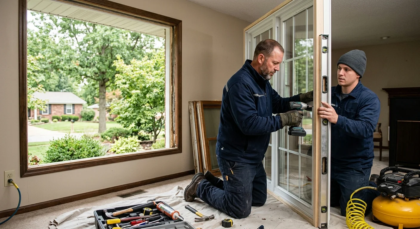 Installer fitting an insulated replacement window in a Chesterfield home