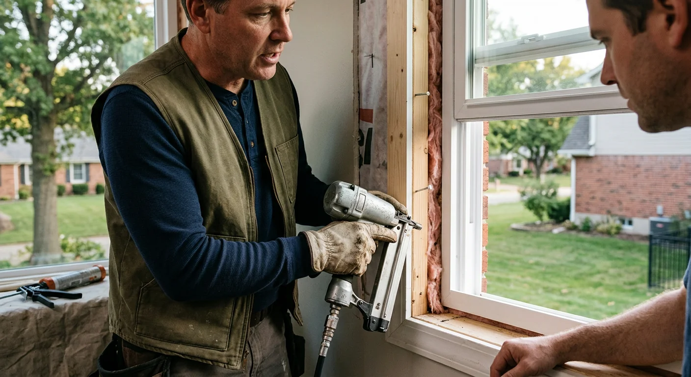 Technician measuring window frame for energy efficient replacement