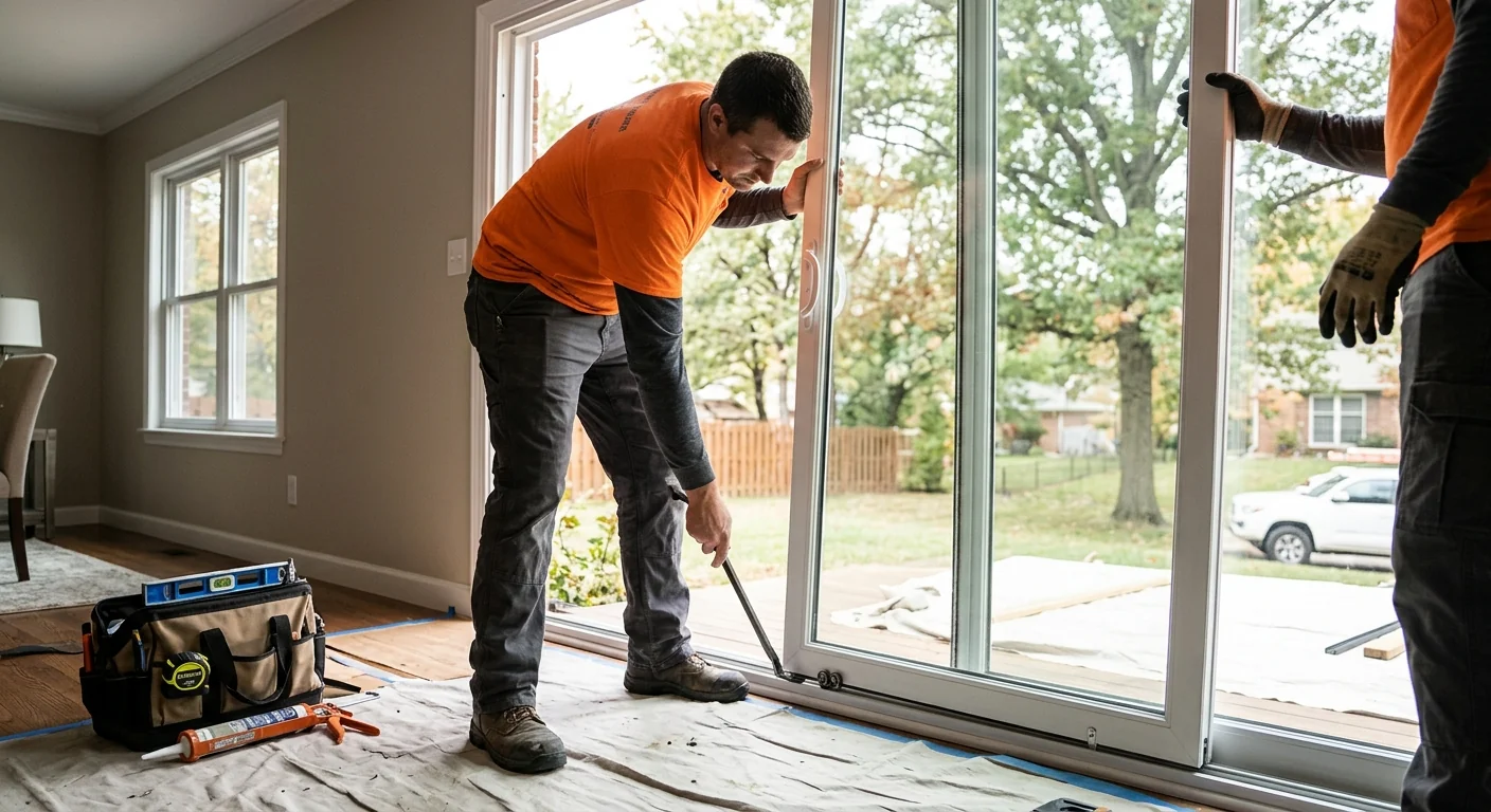 Installer aligning a new sliding glass door panel in a Chesterfield home