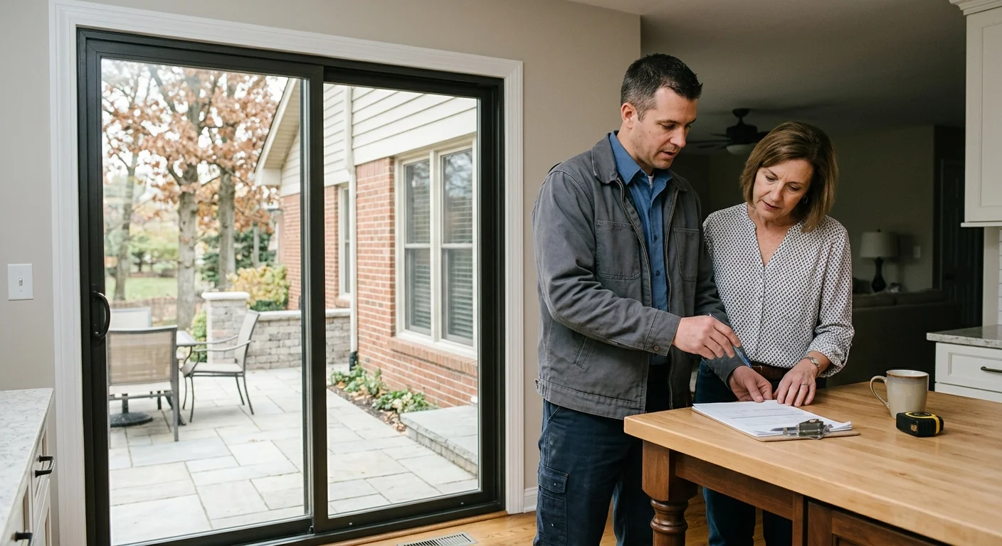 Homeowner reviewing post-job walkthrough documentation after slider installation