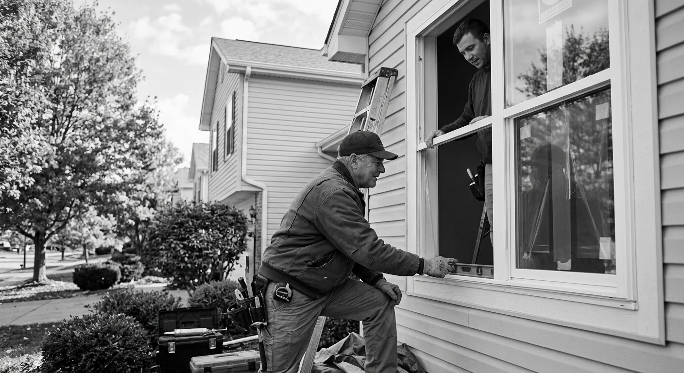 Technician measuring a window opening to prepare a glass replacement estimate in Chesterfield