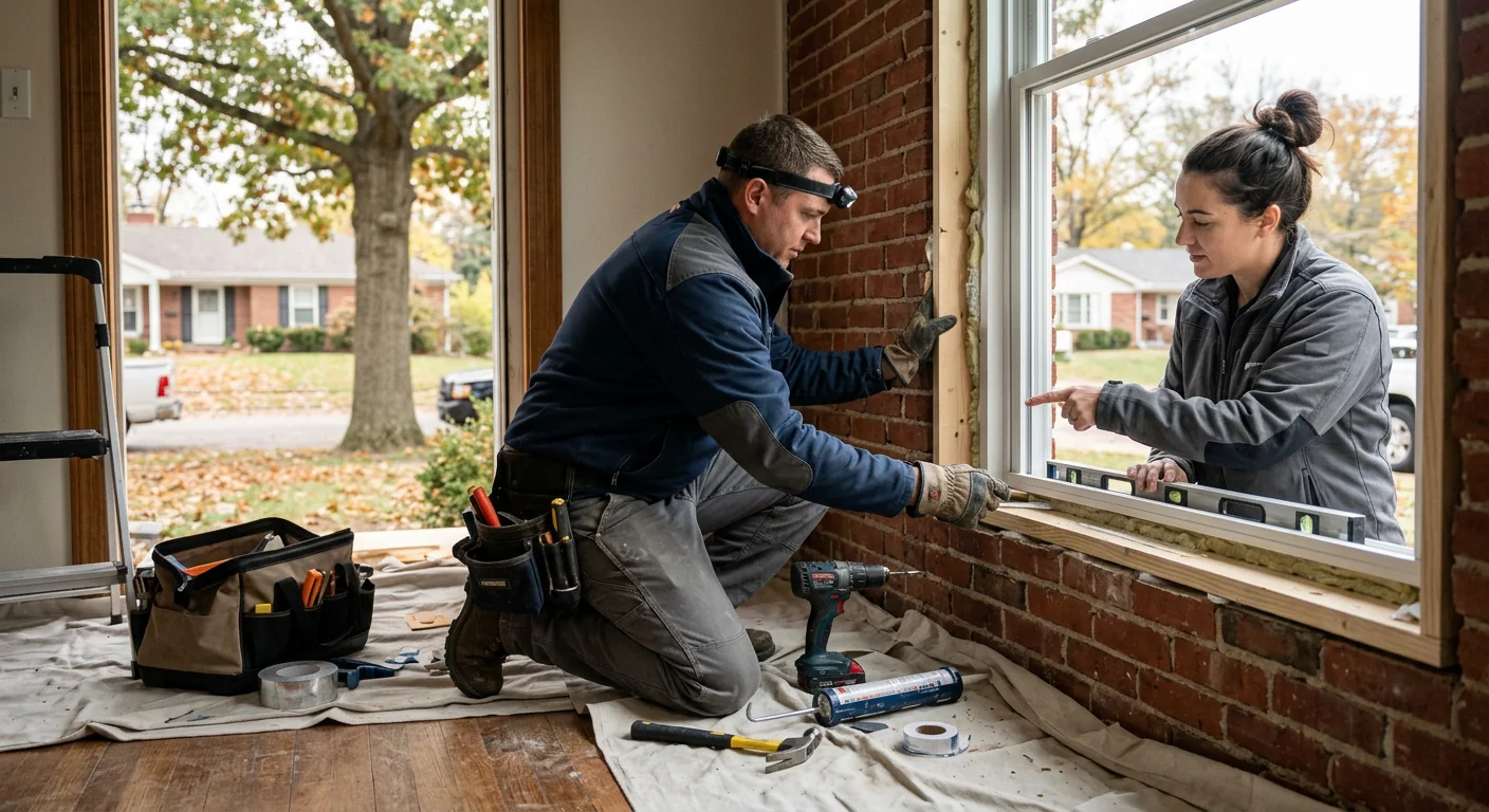 Installer setting a new insulated glass pane into a home window frame