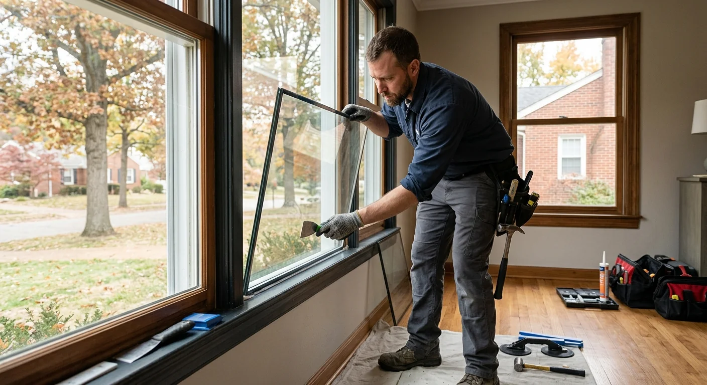 Technician fitting a new insulated glass unit into a window sash