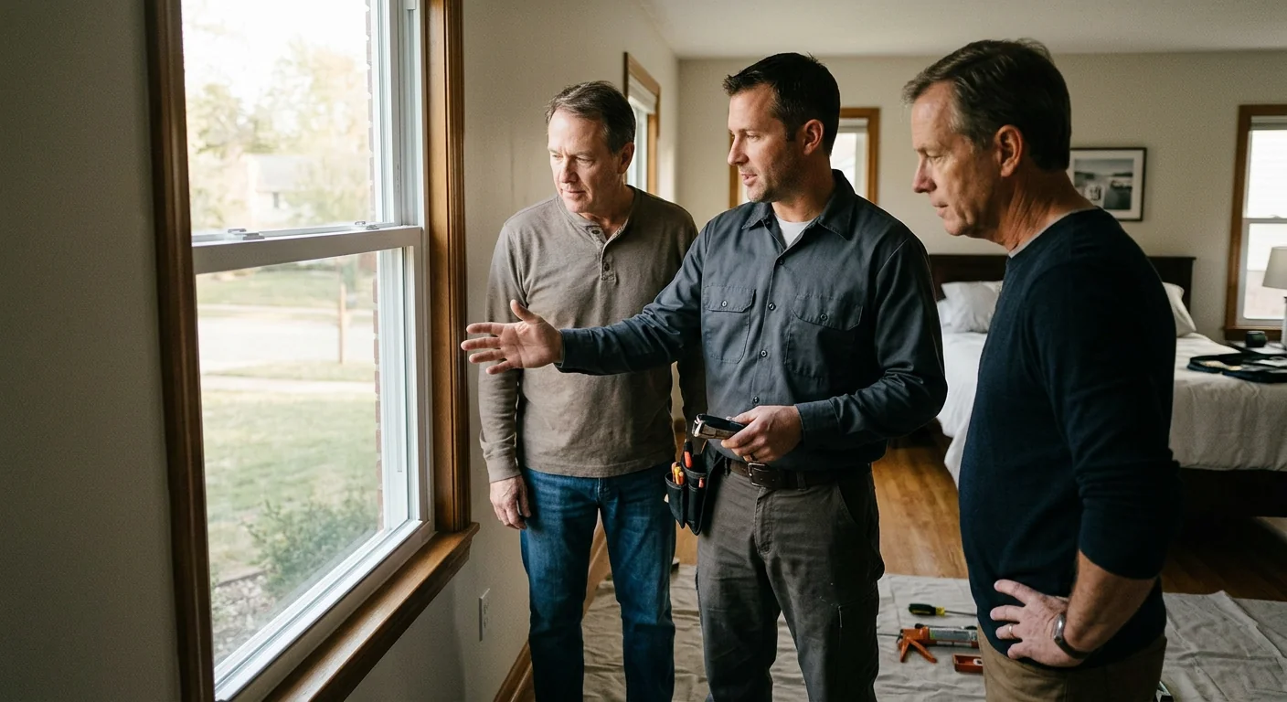 Homeowner reviewing completed window glass replacement during a walkthrough