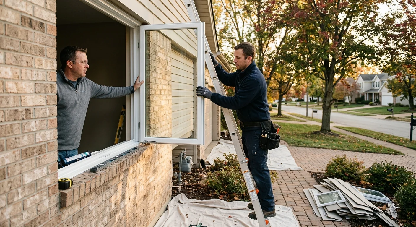 Technician repairing a double hung window sash inside a Chesterfield home