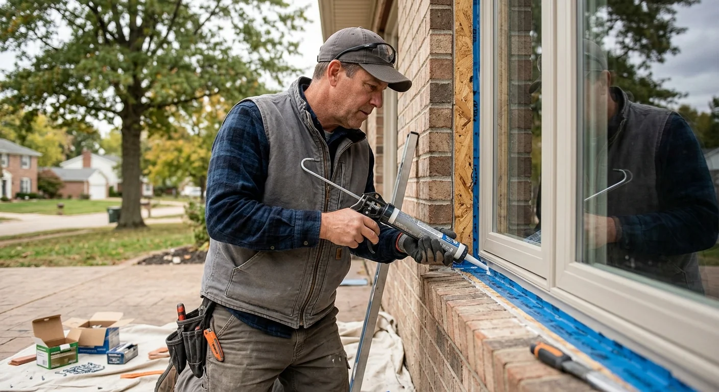 Technician inspecting worn window sash balance and weatherstripping during repair