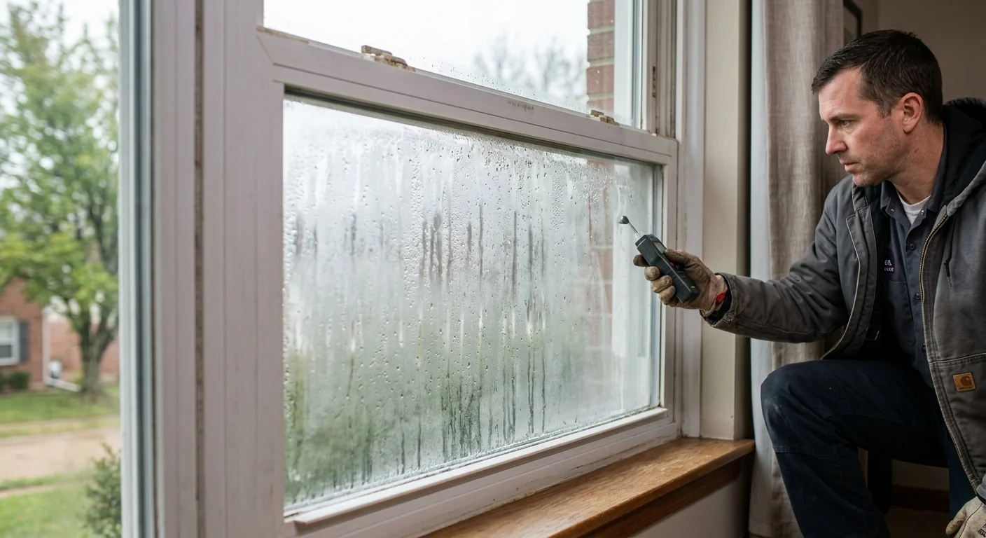 Foggy double-pane window showing a failed seal and trapped condensation