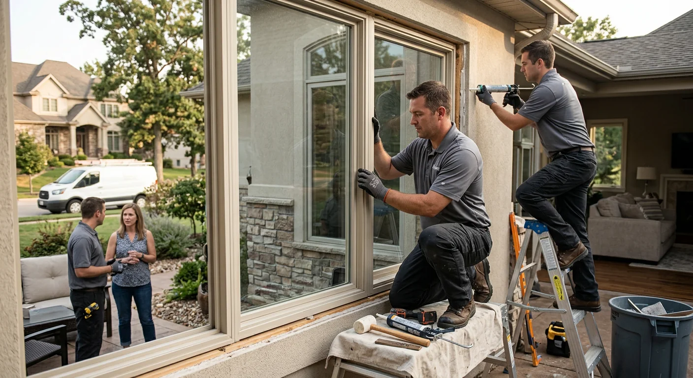 Window installer measuring a replacement frame during a Chesterfield home project